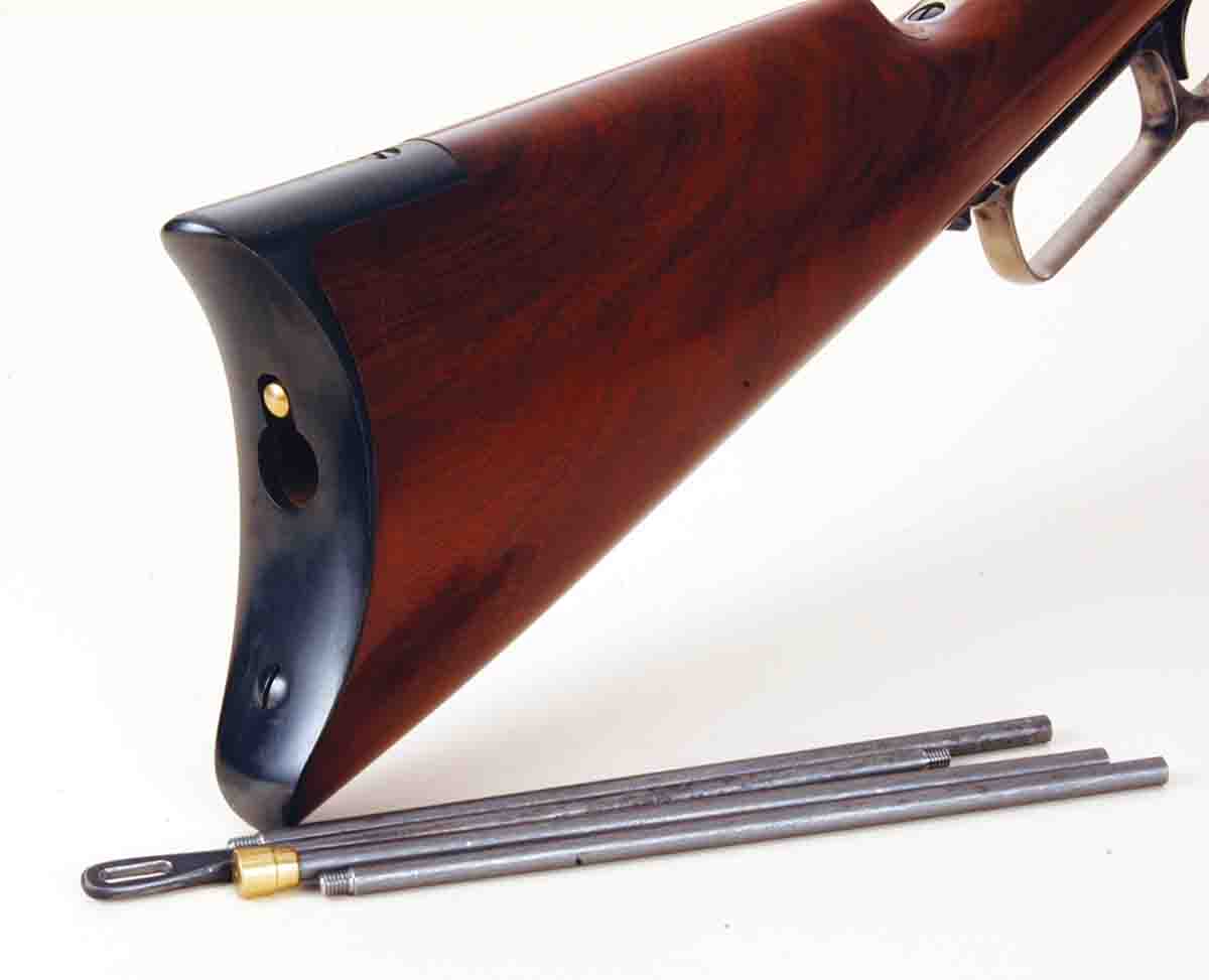 Winchester Models 1873 and 1876 came with trapdoors in their steel buttplates for cleaning rods, as did American military rifles from the mid-1870s to the mid-1960s.